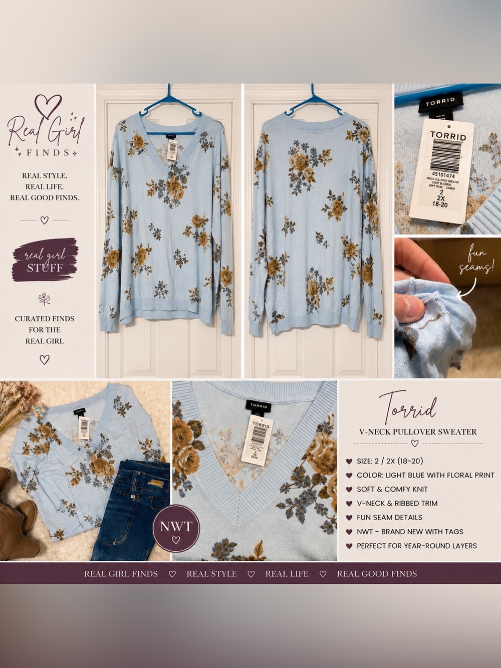torrid Light Blue Floral V-Neck Sweater Pullover